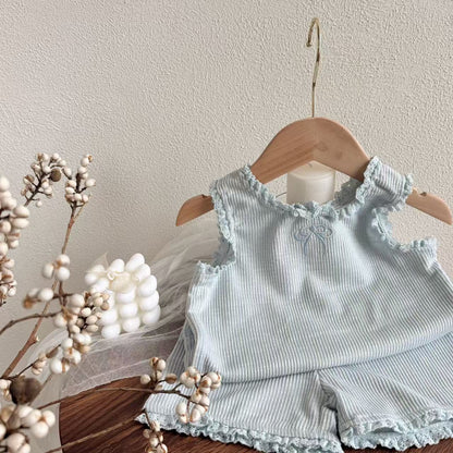 Bow Ribbon Ribbed Set ノースリーブTシャツ ショートパンツ【mh0012900】