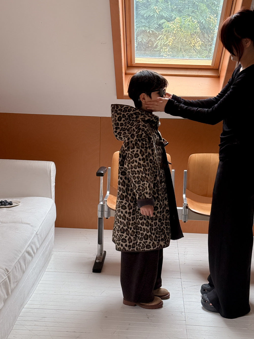 ダッフルコート キッズ レオパード柄 中綿 裏起毛 フード付 ロング丈【mh0011678】