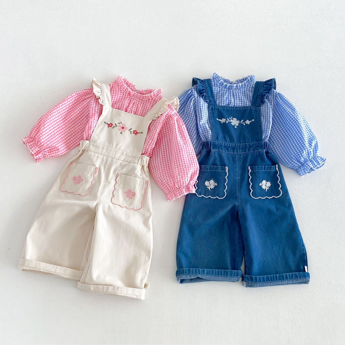 Blusa de manga larga con estampado de cuadros vichy para niños, con bordado floral y peto con pantalón [mh0014043]