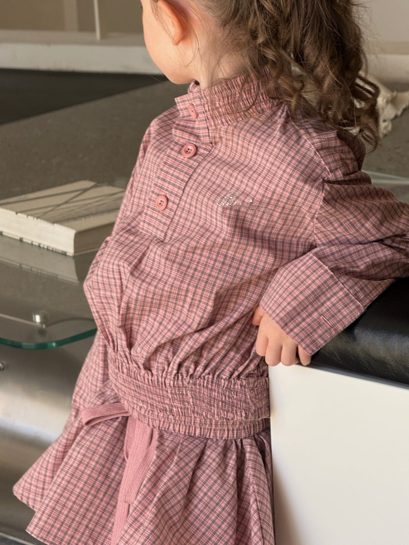 Kids' Plaid Stand-Collar Ruffled Long-Sleeve Shirt and Miniskirt Set [mh0014078]