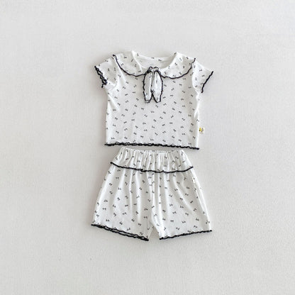 Ribbon Scalloped Collar Set-up リボン柄 セーラー襟 半袖セットアップ【mh0012703】