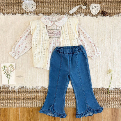 Kids' Floral Smock Ruffled Long-Sleeve Blouse【mh0014610】