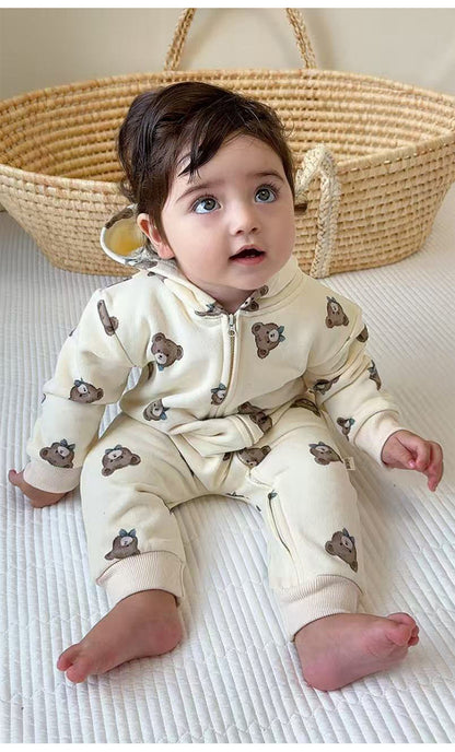 長袖ジップアップジャンプスーツ フーディロンパース ベアくまプリント【mh0011721】