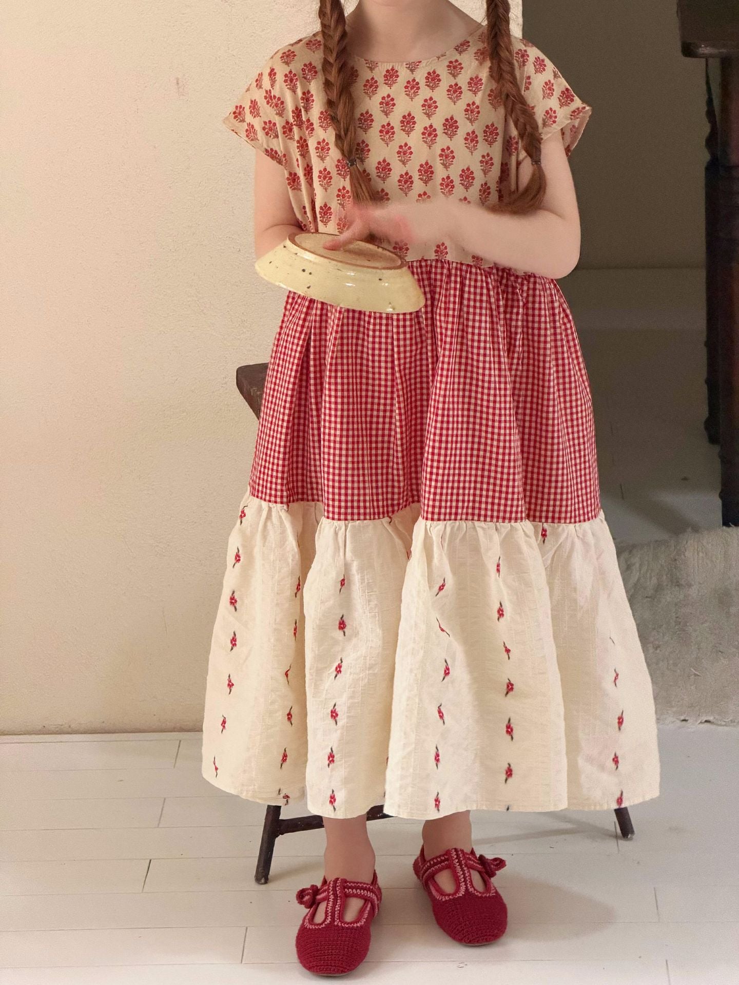 Gingham Floral Tiered Dress 花柄 ギンガム 半袖ワンピース【mh0012873】