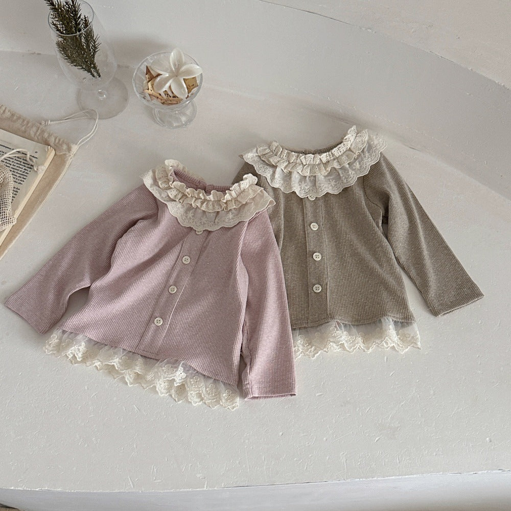 Camiseta de manga larga para bebés y niños, con cuello con volantes, bajo con volantes y botones frontales, tejido de canalé [mh0014486]