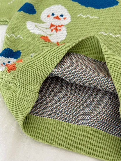 ニットセーター アヒル柄 厚手 クルーネック コットン ルーズフィット【mh0011690】