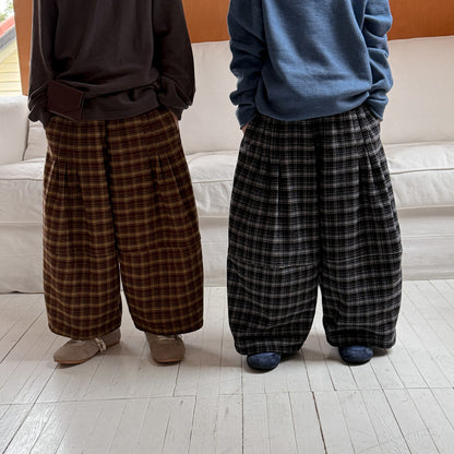 ワイドパンツ キッズ 裏起毛 厚手 チェック柄 ゆったり ルーズ ダッドパンツ【mh0011665】