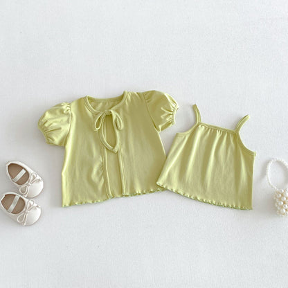 Puff Sleeve Ribbon Cami Set パフスリーブ リボン 半袖カーディガン【mh0012705】