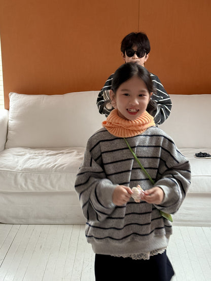 長袖スウェットシャツ キッズ ボーダー柄 裏起毛 厚手 クルーネック ルーズフィット【mh0011671】