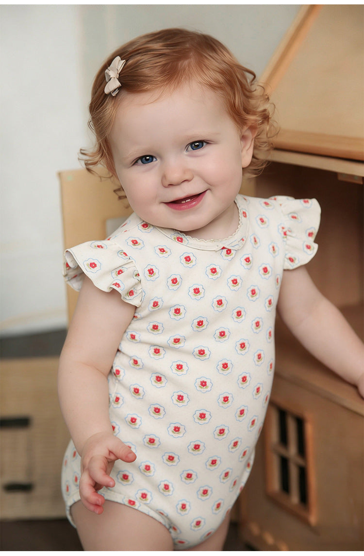 Frill Sleeve Cotton Romper フラワー チェリー フリル袖ロンパース【mh0012780】