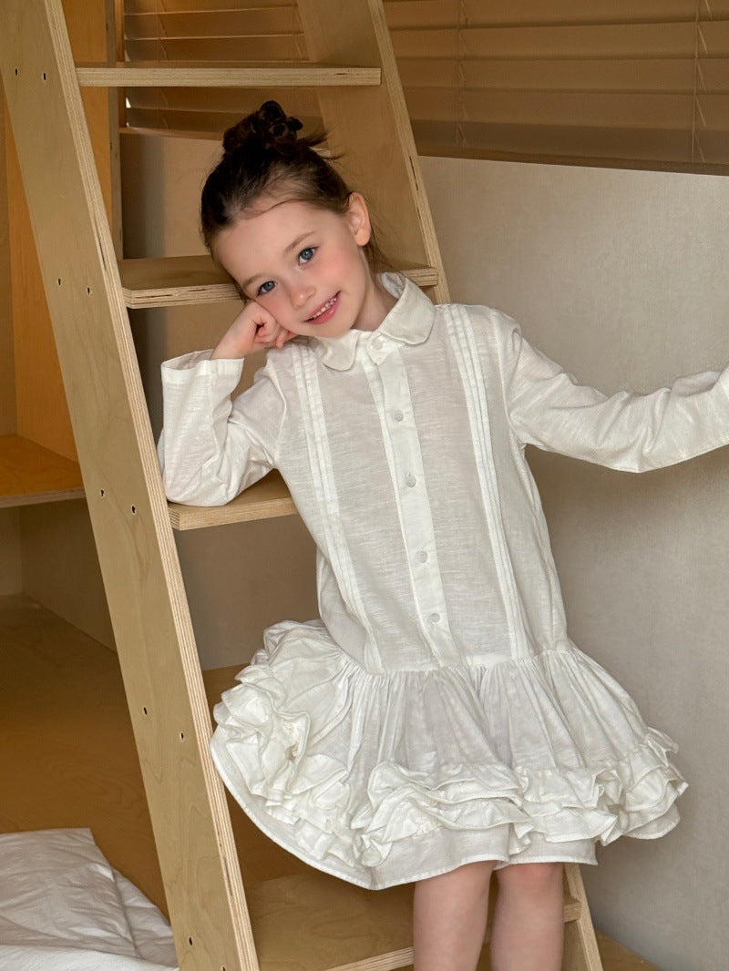 Kids' Ruffled Pintuck Front Button Long-Sleeve Shirt Dress