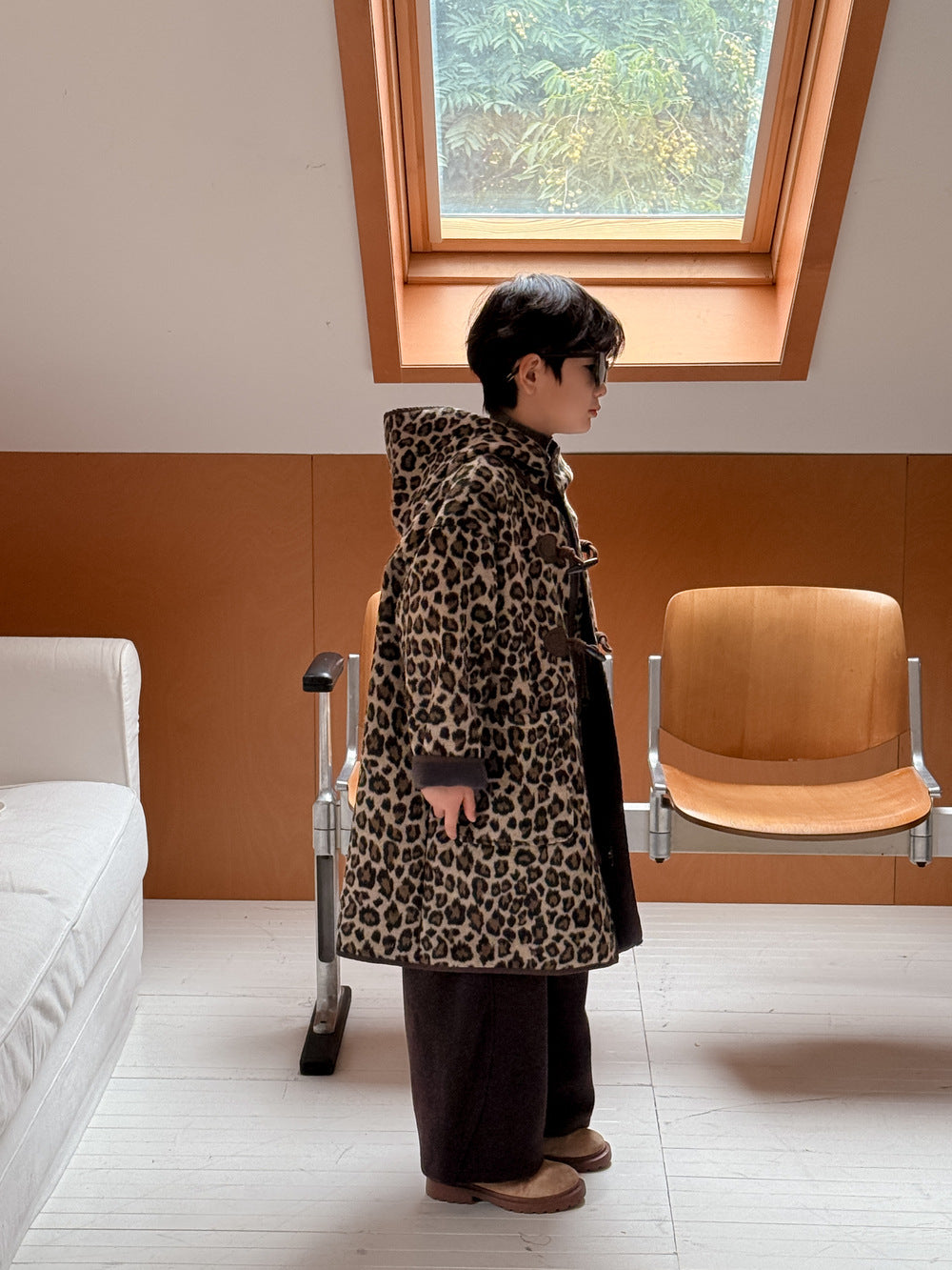 ダッフルコート キッズ レオパード柄 中綿 裏起毛 フード付 ロング丈【mh0011678】