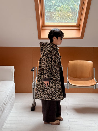 ダッフルコート キッズ レオパード柄 中綿 裏起毛 フード付 ロング丈【mh0011678】