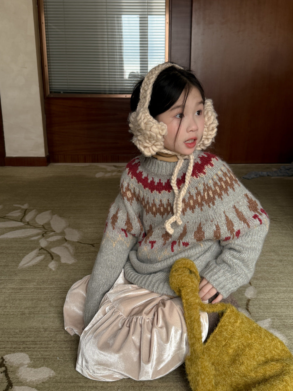 ニットセーター キッズ 求心柄 厚手 クルーネック ルーズフィット カジュアル【mh0011684】