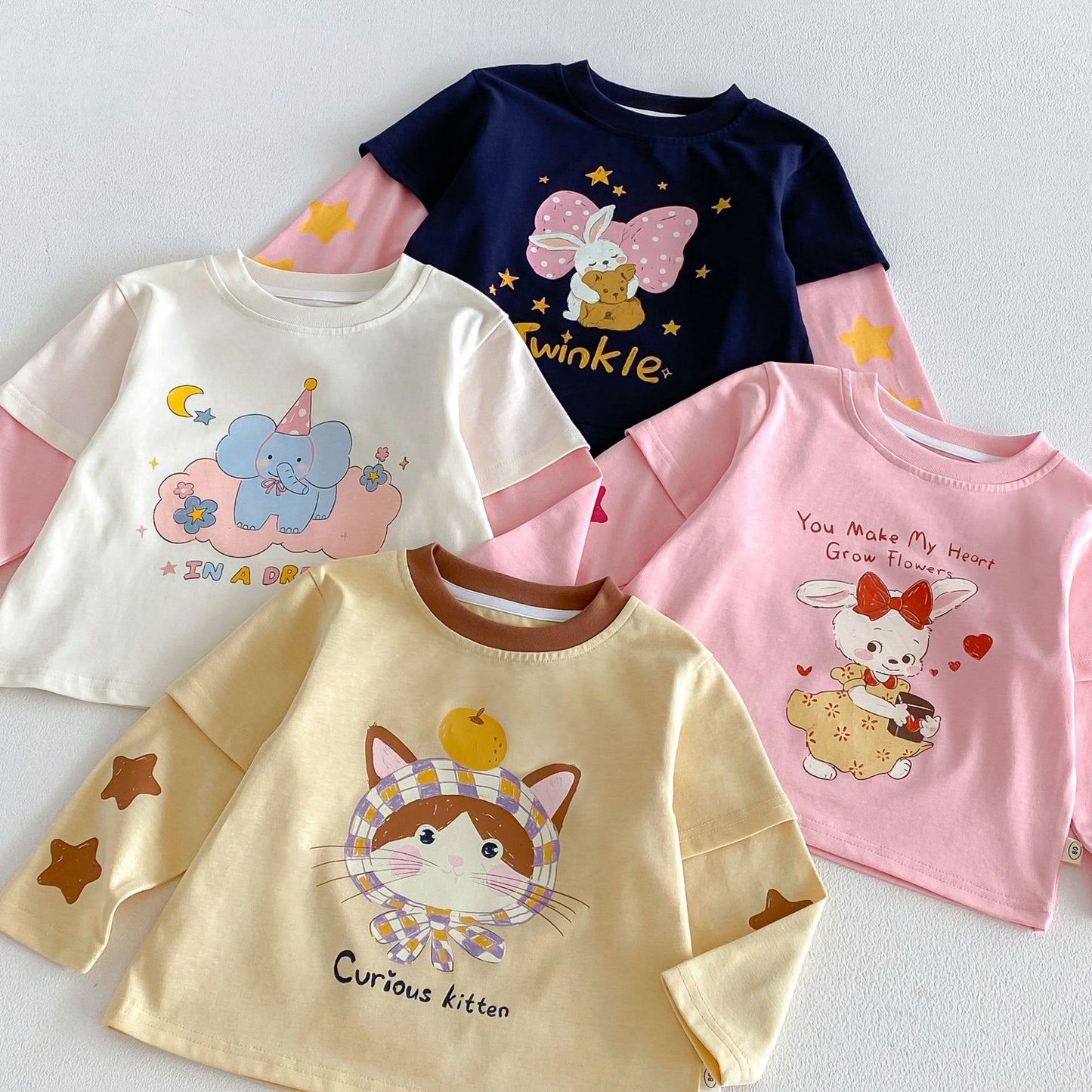 Camiseta de manga larga efecto doble capa con personajes infantiles para niños【mh0014041】