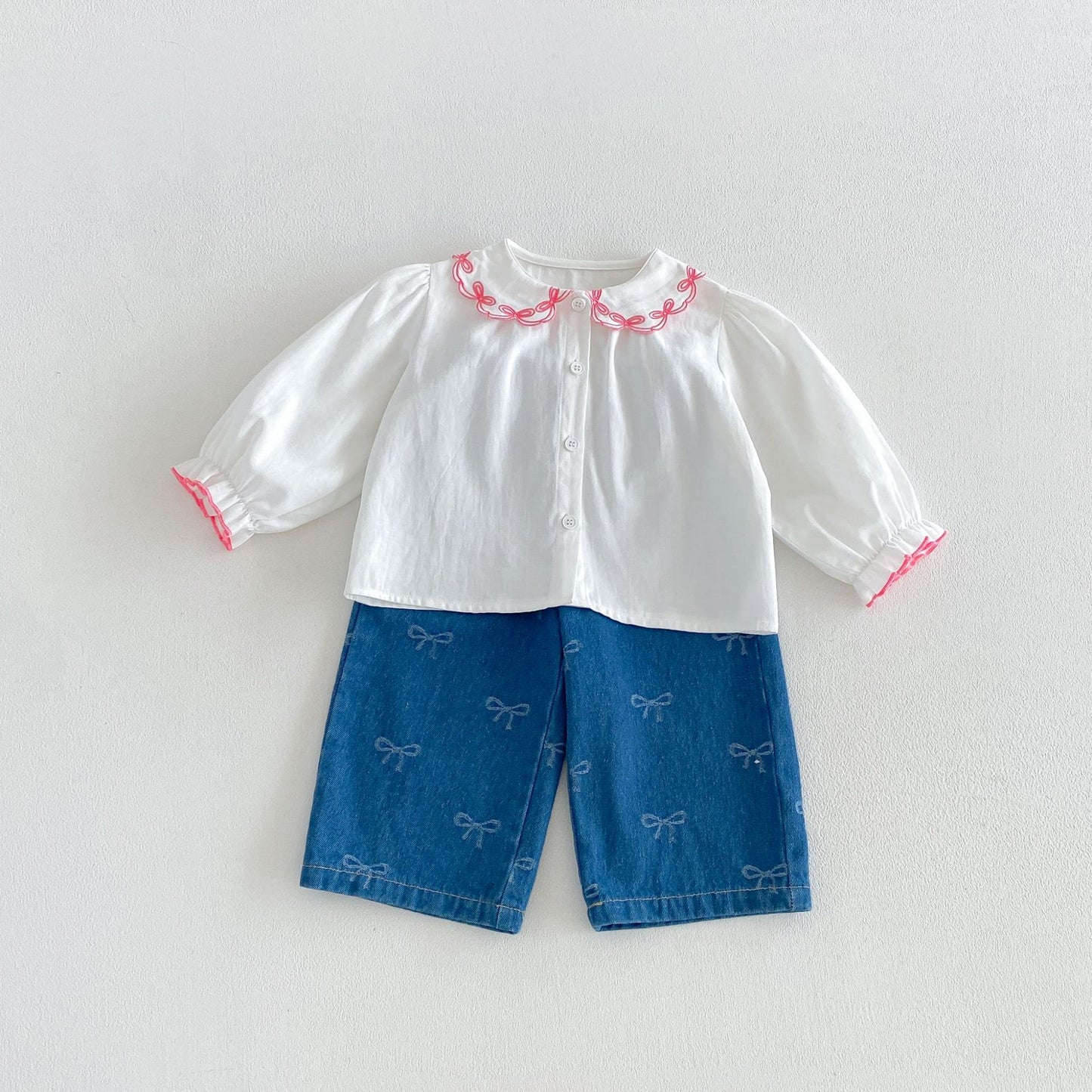 Blusa de manga larga para niños con cuello con volantes y ribetes 【mh0014047】