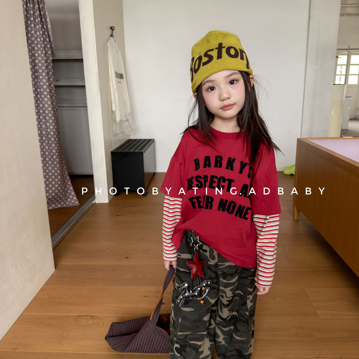 キッズ ボーダープリント レイヤード風 長袖Tシャツ【mh0014556】