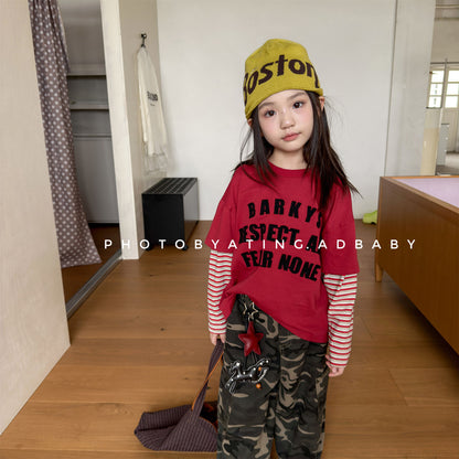 キッズ ボーダープリント レイヤード風 長袖Tシャツ【mh0014556】