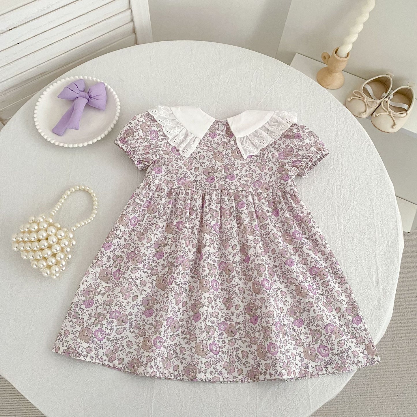 Floral Lace Collar Dress Romper Vestido con cuello de volantes y mangas cortas Mameluco de manga corta【mh0013156】