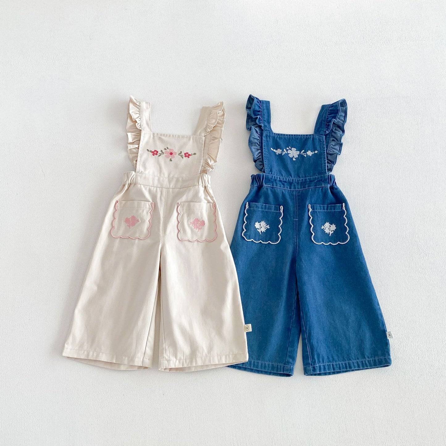 Blusa de manga larga con estampado de cuadros vichy para niños, con bordado floral y peto con pantalón [mh0014043]