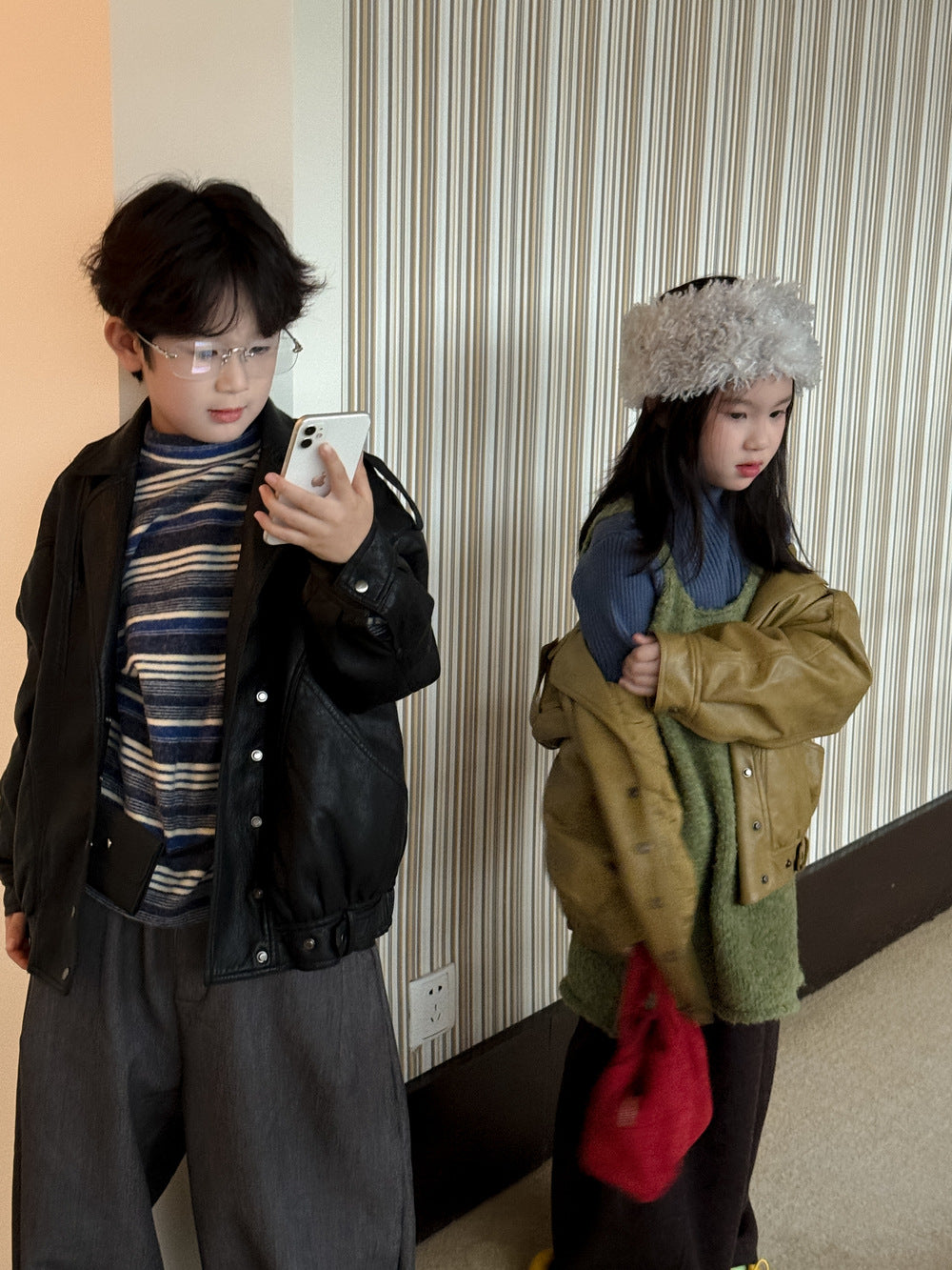 フェイクレザージャケット キッズ  厚手 ラペル モード ライダース【mh0011668】