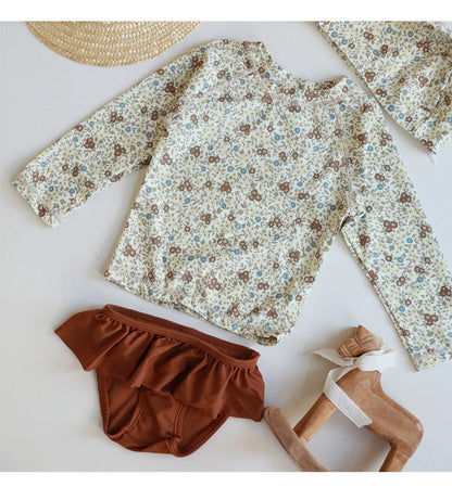 UPF50 Plus Floral Long Sleeve Swimsuit Rash Guard 3-piece Set [mh0012593]