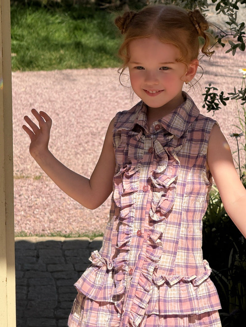 Sleeveless Plaid Patchwork Ruffled Dress チェック ノースリーブワンピース【mh0013265】