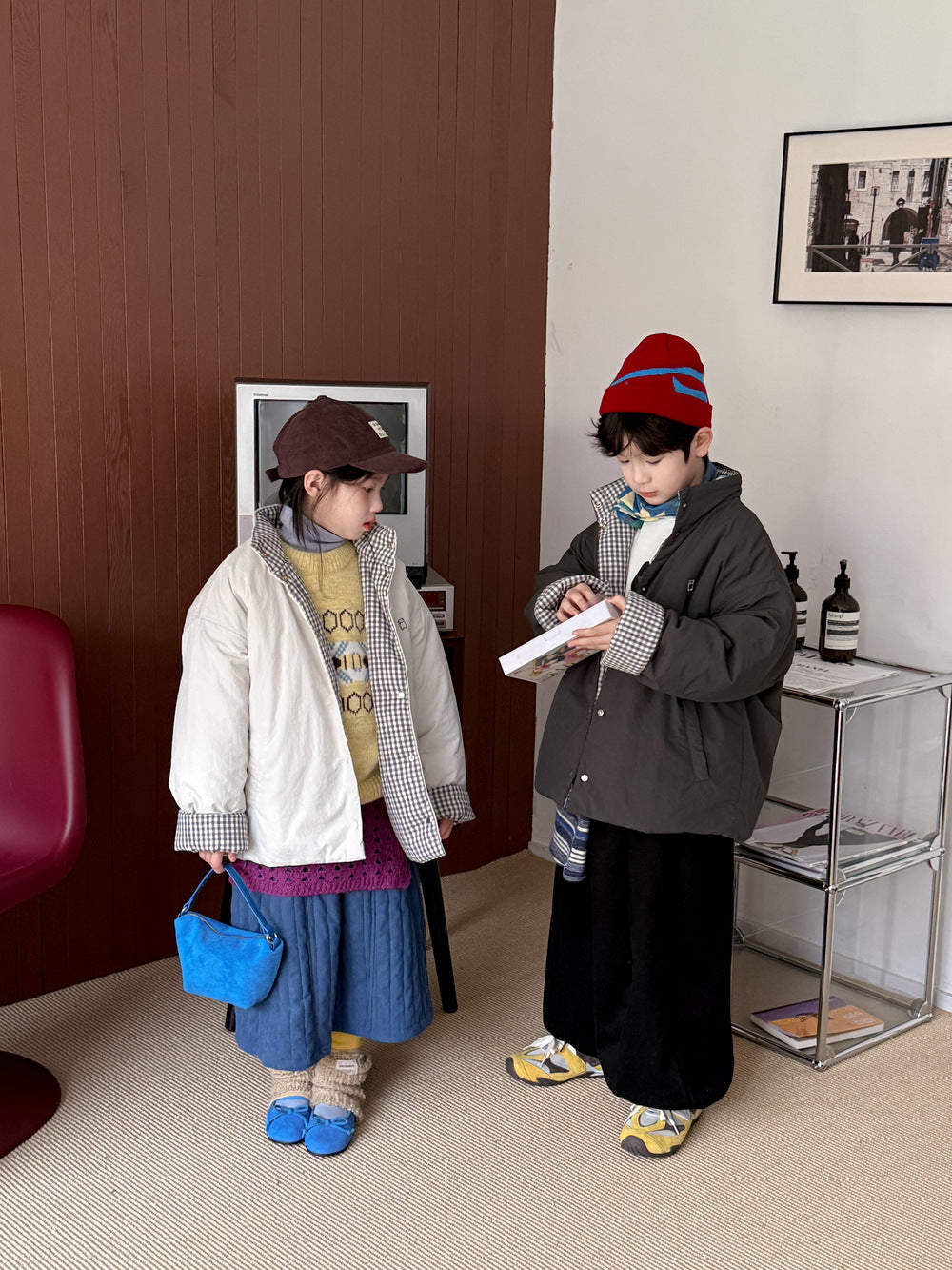 中綿ジャケット キッズ チェック柄 スタンドカラー 厚手 ショート丈 カジュアル アウター【mh0011667】