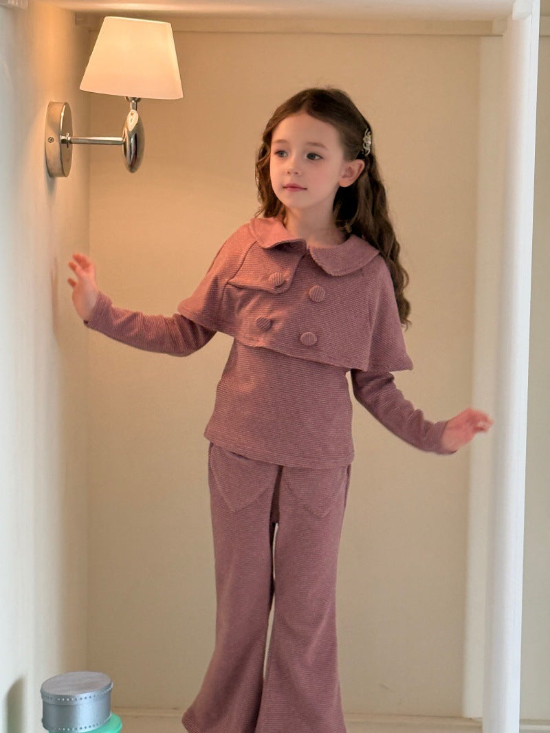 CHENG. L 26 Autumn/Winter Korean Style Girls' Collared Shawl Long Sleeve T-Shirt Heart Stretch Flared Pants Set【mh0014101】
