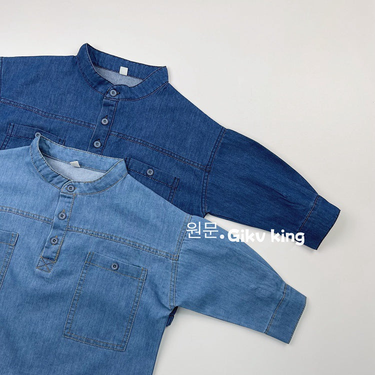 キッズ スタンドカラー 長袖 デニムシャツ【mh0014592】