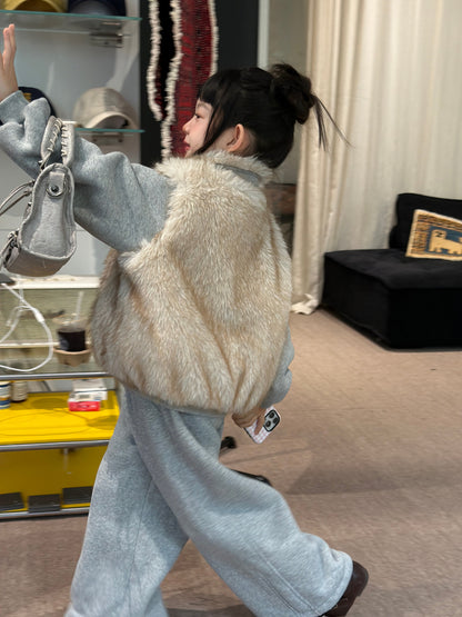 Kids' Set 2026 Winter Girls' Faux Fur Patchwork Sweatshirt Two-Piece Set, Thickened Fleece-Lined Kids Set Mo Xiao Meng【mh0014700】