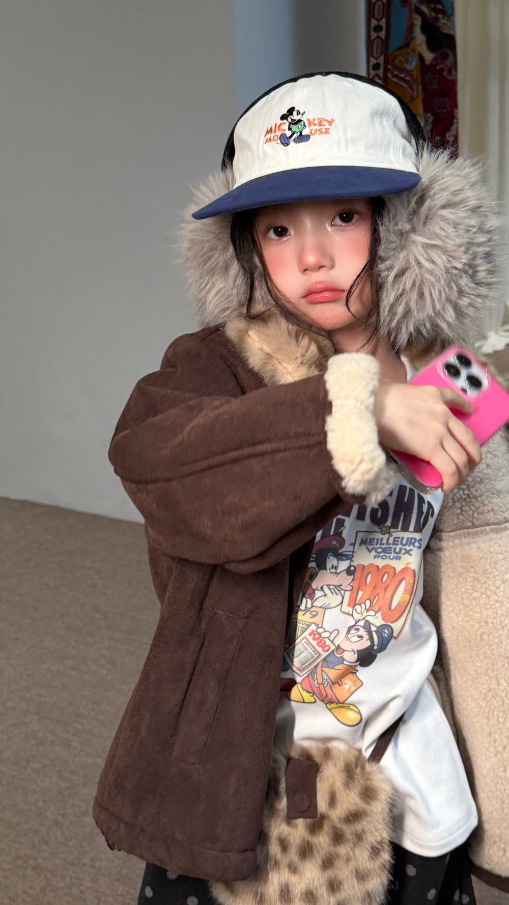 Chaqueta de antelina con cuello de pelo de leopardo y pantalones largos de lunares para niños y jóvenes 【mh0014693】