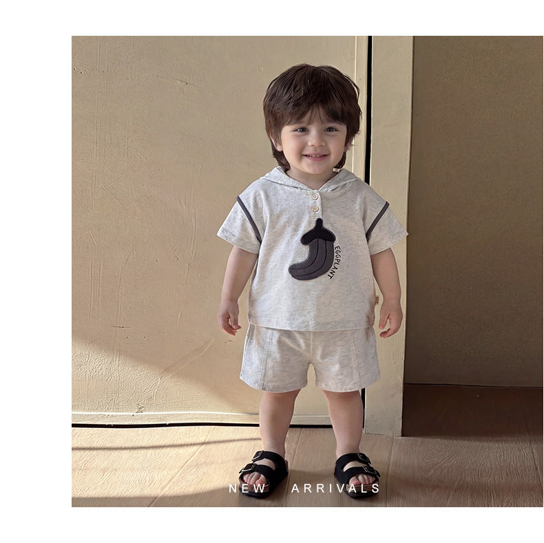 Cartoon Hooded Set Eggplant Print Short Sleeve Setup [mh0012852]