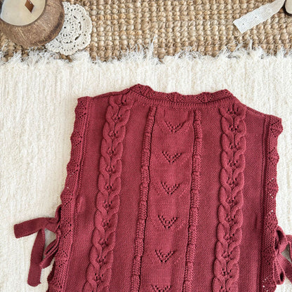 キッズ フラワー チェリー 刺繍 フリル ニット ベスト 長袖 ブラウス ワイド デニムパンツ【mh0014607】