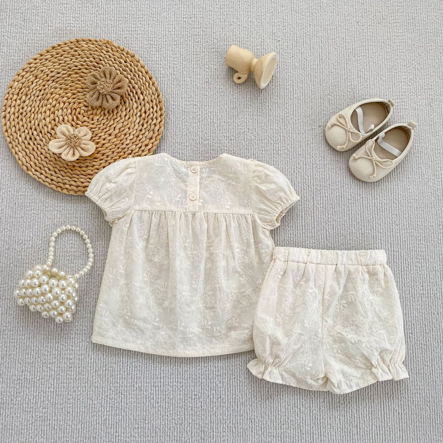 Embroidered Ruffle Romper And Blouse Shorts フリル ロンパース ブラウス ショートパンツ【mh0013163】