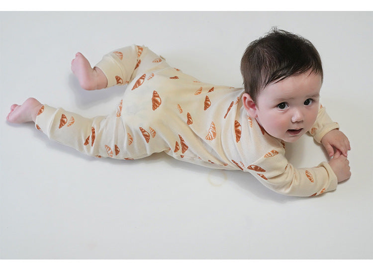 長袖ジャンプスーツ ジップアップ ブレッド クロワッサン 鳥 バード プリント カバーオール【mh0011730】