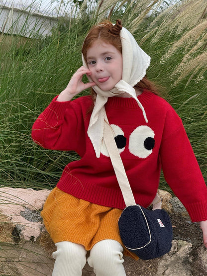 長袖ニットセーター ビッグアイ もこもこ目玉 プルオーバー 丸首 ゆる可愛【mh0011740】