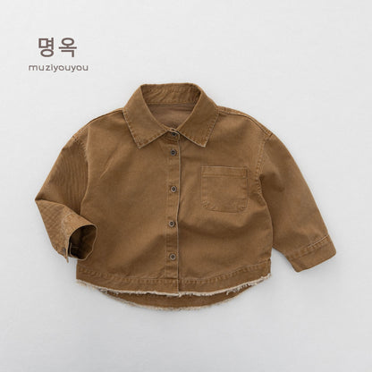キッズ 長袖シャツ 裾フリンジ ビッグシルエット ボタン開き（ブラウン）