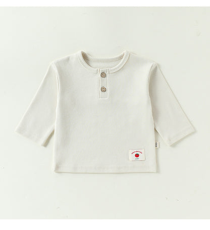 白無地 長袖ヘンリーネックTシャツ（ボタン留め・胸ワッペン）