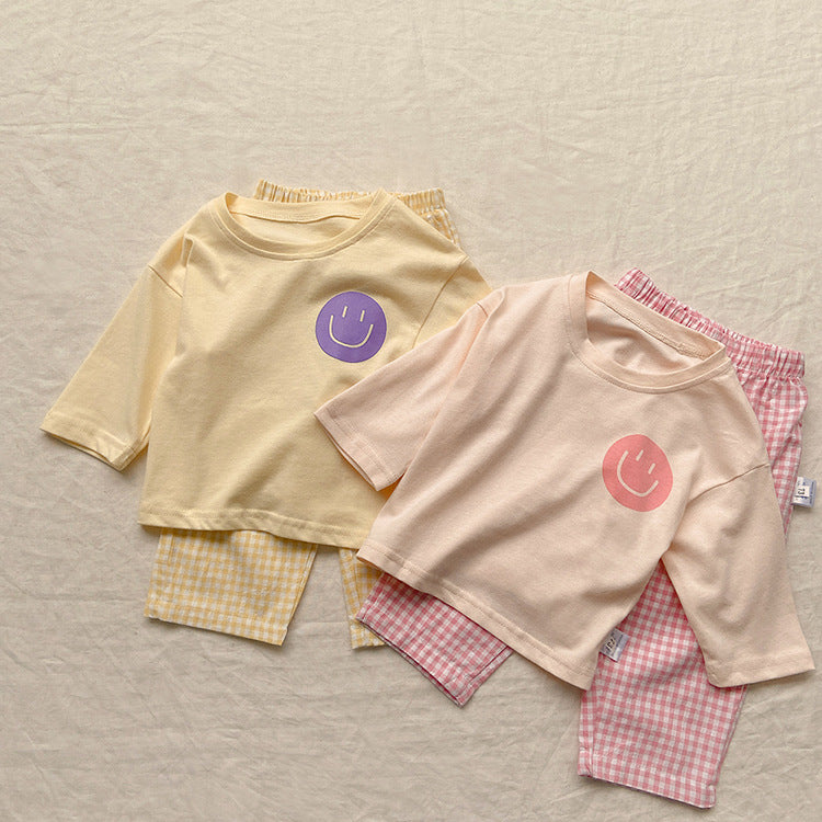 Smiley Long Sleeve Tee & Plaid Pants Set スマイル プリント チェック柄 セットアップ【mh0012672】
