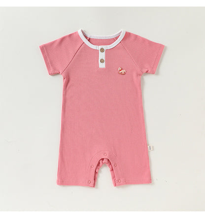 Henley Neckline Short Sleeve Modal Romper ワンポイント 刺繍 半袖ロンパース【mh0012781】