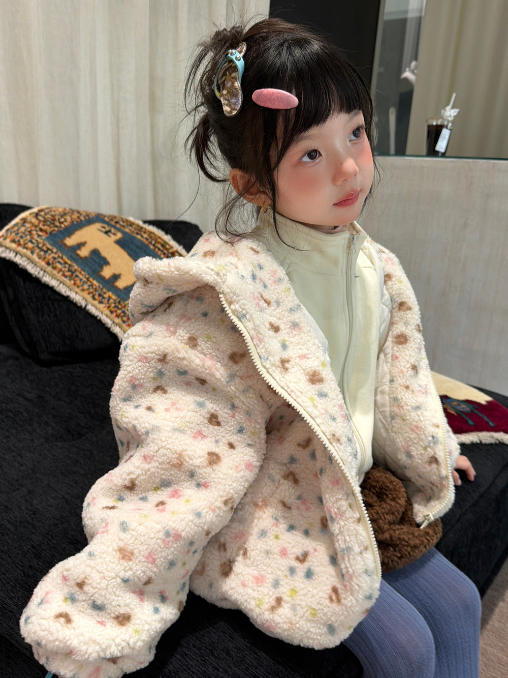 Children's 2026 Girls' Floral Lamb Shearling Hooded Jacket, Thickened Cotton-Padded Children's Coat, Warm Zipper Jacket【mh0014699】