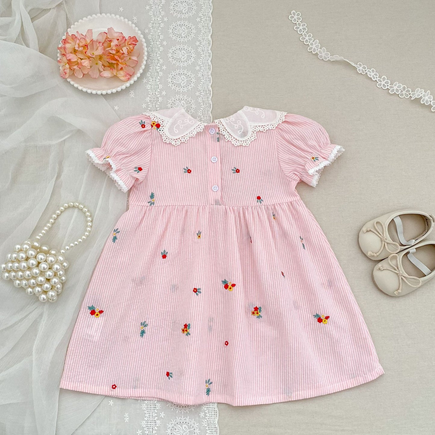 Stripe Embroidery Romper Dress Mono-vestido con bordados de rayas [mh0013168]