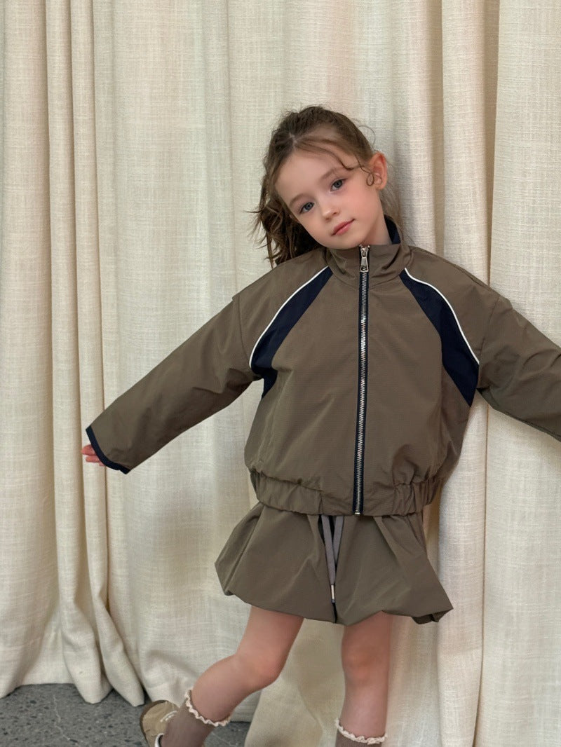 Kids' Colorblock Stand-Collar Long-Sleeve Jacket & Mini Skirt Set [mh0014079]