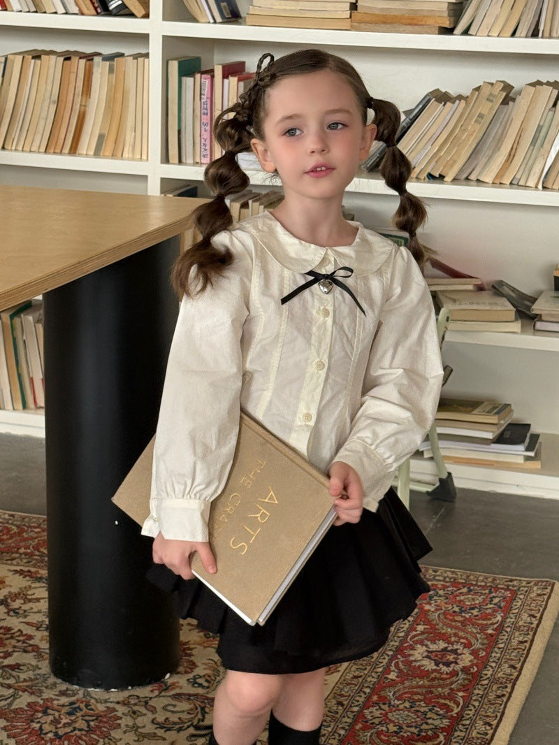 Kids' Peter Pan Collar Long-Sleeve Blouse with Front Ribbon and Pintucks [mh0014070]