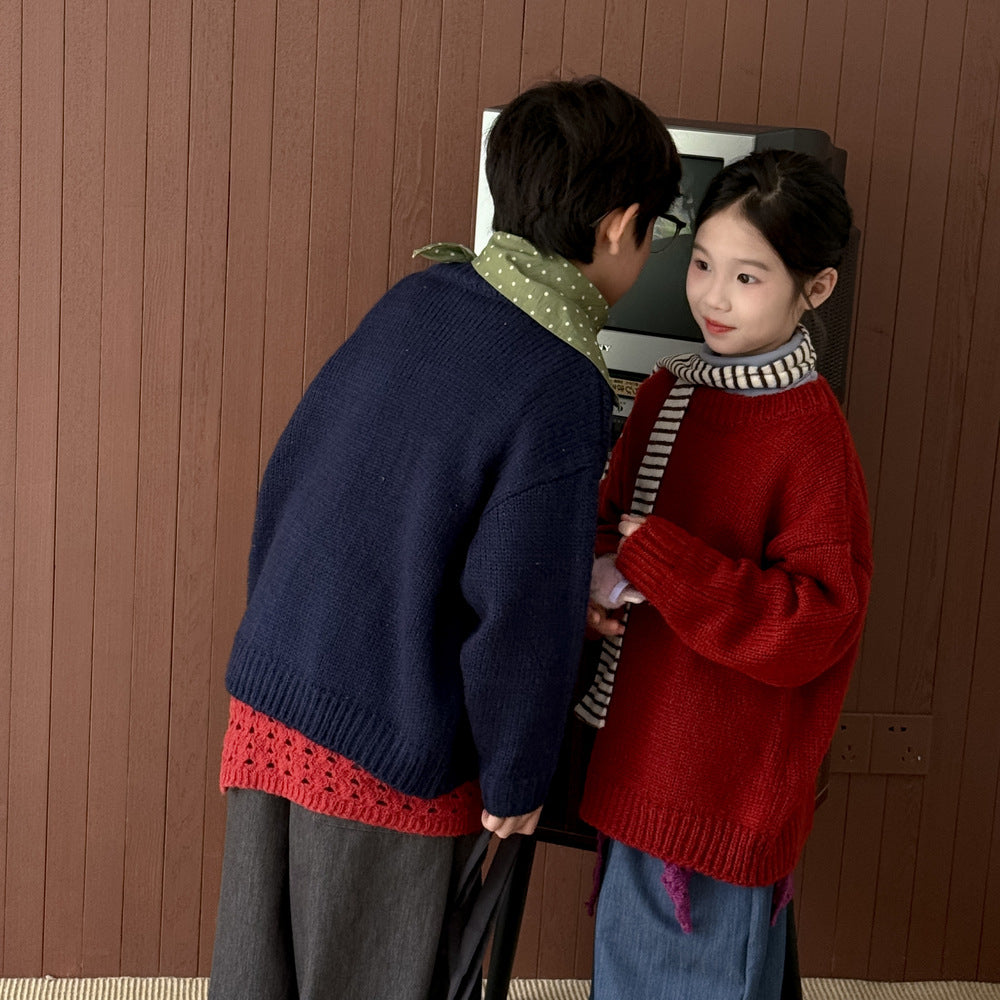 ニットセーター キッズ 裏起毛 厚手 クルーネック 無地 ルーズフィット プルオーバー【mh0011674】