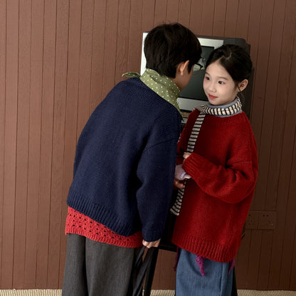 ニットセーター キッズ 裏起毛 厚手 クルーネック 無地 ルーズフィット プルオーバー【mh0011674】