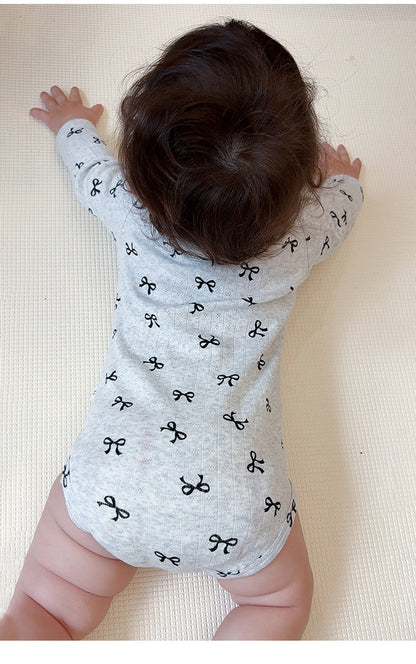 長袖ロンパース ラッフル襟 リボンプリント ボディスーツ【mh0011728】