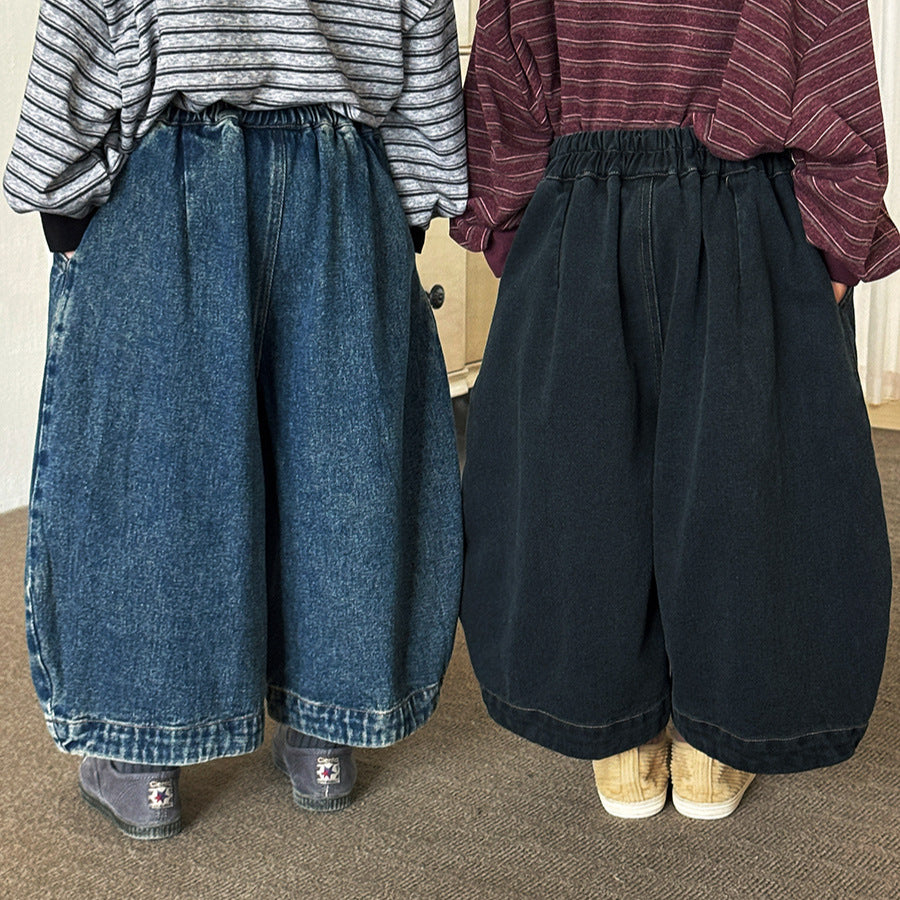 キッズ パッチワーク ウォッシュ ワイド ルーズ クロップド デニムパンツ【mh0014299】