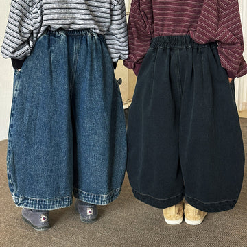 キッズ パッチワーク ウォッシュ ワイド ルーズ クロップド デニムパンツ【mh0014299】